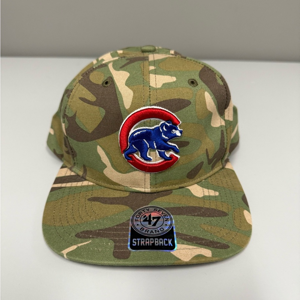 Camo Strapback Cap with Red and Blue Chicago Cubs Logo